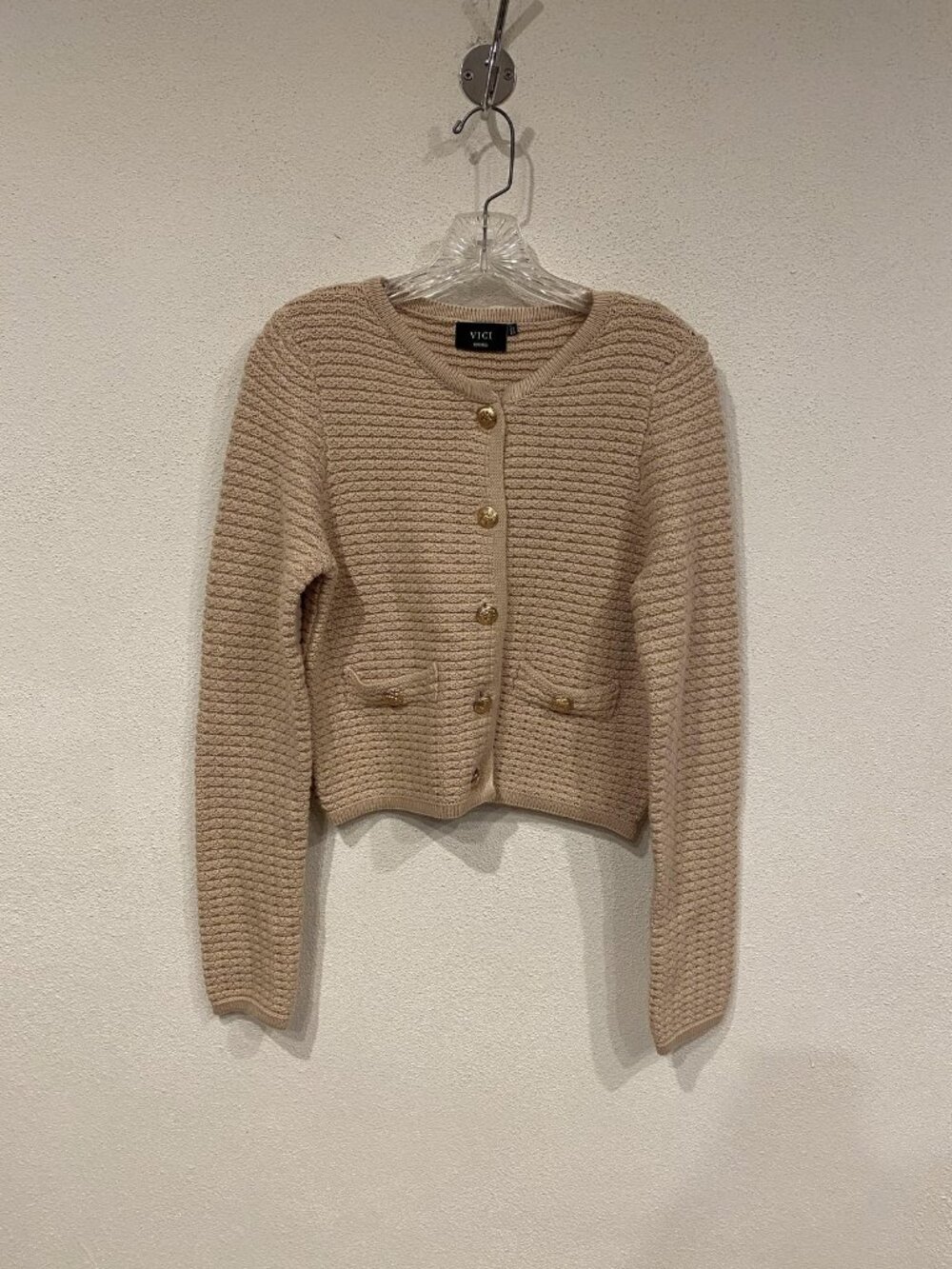 Vici Beige Cropped Knit Cardigan with Gold Buttons